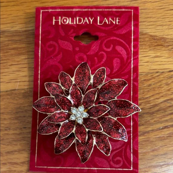 Holiday Lane Sparkling Red Poinsettia Brooch NWT - Picture 3 of 4